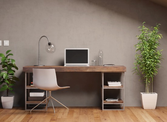 Laptop computer with empty black monitor on a desk in office (3D Rendering)