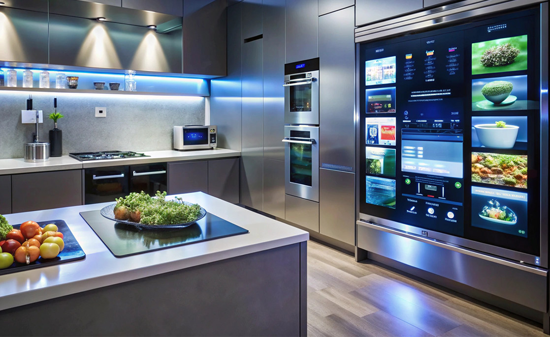 Contemporary kitchen with a smart refrigerator and microwave, highlighting modern appliances and efficient design.