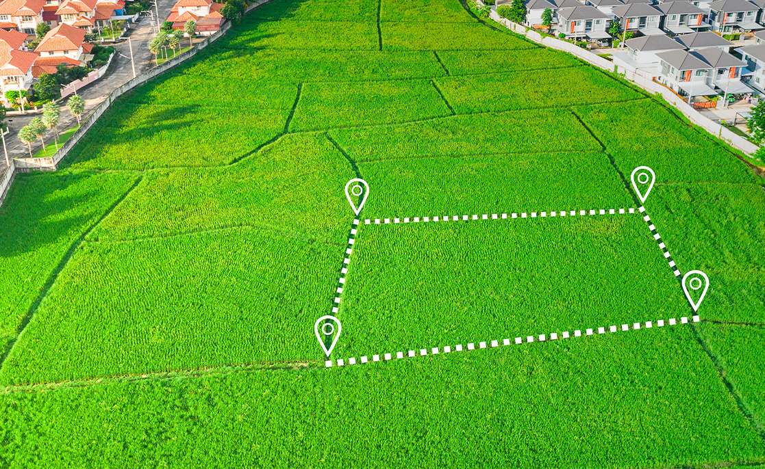 Overhead image of a rice field featuring a house at its center, highlighting options for selecting a lot in McAllen.