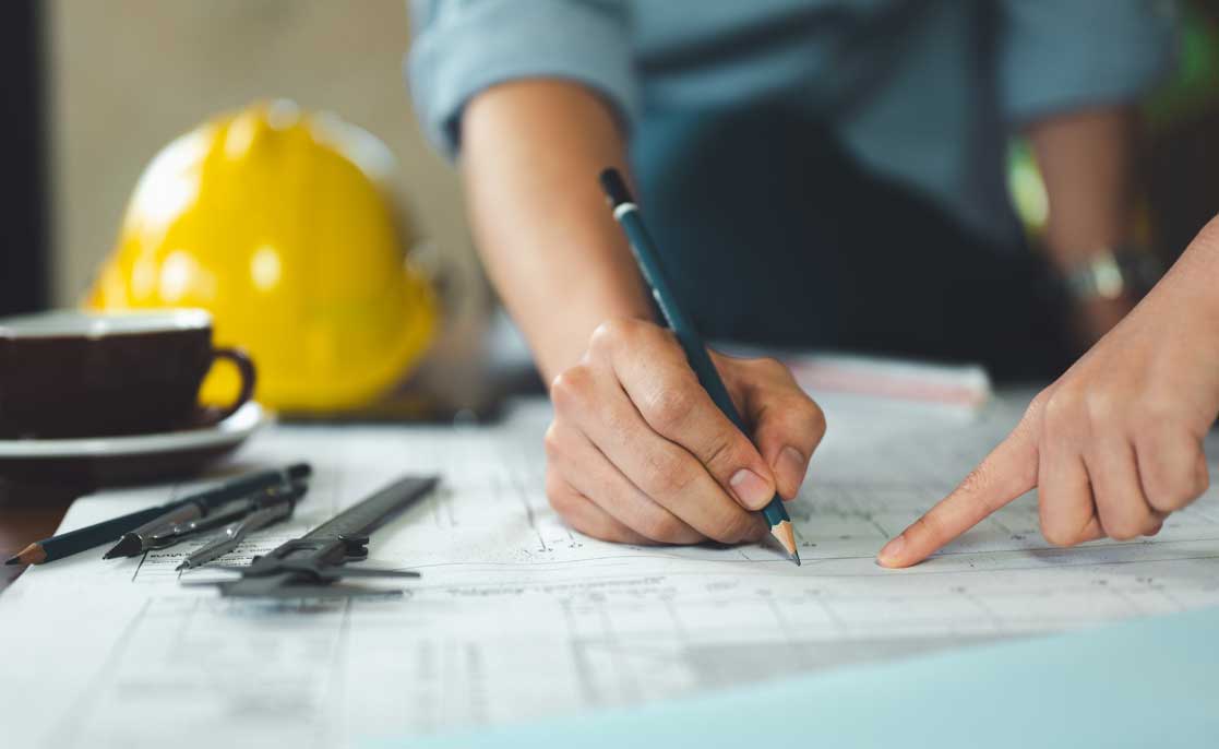 architect, engineer, engineering, architecture, design, plan, plans, construction, Engineers and architects review technical blueprints together, marking details and coordinating design plans.