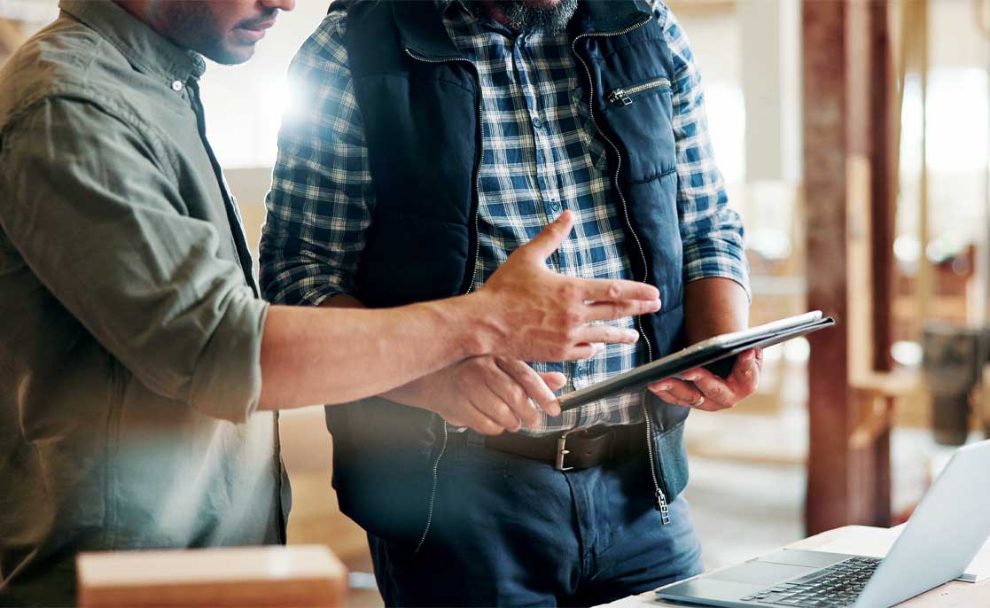 Carpentry, people or hands with tablet in workshop, manufacturing timeline or material cost research. Flare, project planning or men with tech for woodwork schedule, production info or lumber price