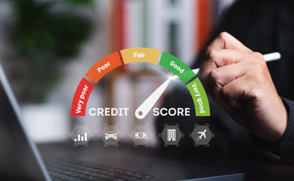 Evaluation of credit score. Analyst evaluates customer finance statistical data with credit score icon. Credit behavior reports. Online check for a personal loan, mortgage, auto loan, or payment card.